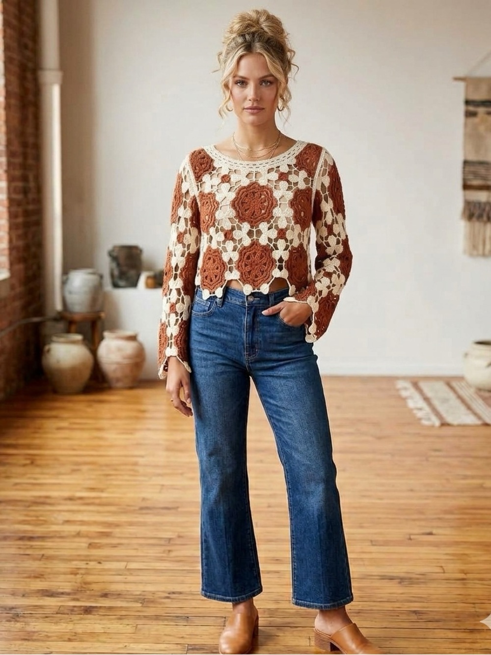 Rebellion Crochet Floral Open-Knit Sweater in Cream & Brown